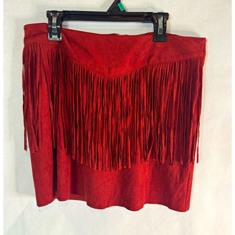 Forever 21 Faux Suede Fringe Western Mini Skirt Rust Red Burgundy Boho Size M
